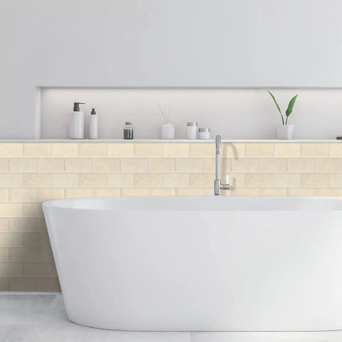 Bathroom view with thick peel and stick backsplash tiles in beige marble look for kitchen and bath self adhesive vinyl wall tiles.