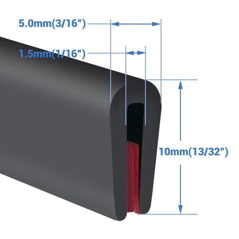 Close-up of rubber edge trim (U-channel), self-adhesive EPDM, black, fits 1/16in sheet metal, 10 ft