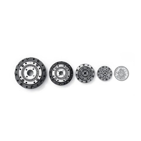 Different sizes of Small Hollow 14 17 Servo Motor Speed Reducer 52mm Gearbox Strain Wave Gear Harmonic Drive displayed next to a coin.