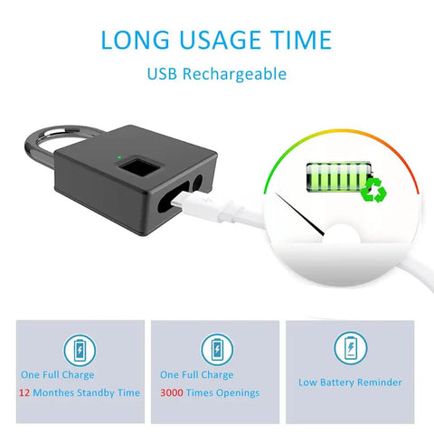 Biometric Keyless Fingerprint Padlock With 2 Backup Keys And USB Rechargeable Power, IP66 Waterproof Outdoor Heavy Duty Security Lock
