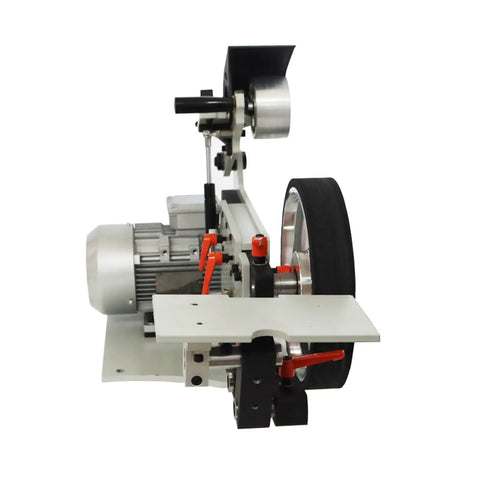 Pro Workhorse Belt Grinder And Power Sander Featuring Knockout Variable Speed Settings showing motor and belt setup on side view.