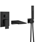 Waterfall Wall Mount Tub Faucet Set With Handheld Sprayer Matte Black Finish Single Handle Tub Filler Solid Brass Construction Boss Look For Your Bath Upgrade