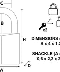 Diagram of Solid Brass Padlock With Key For Indoor And Outdoor Use, showing dimensions and shackle size, with 2 keys included