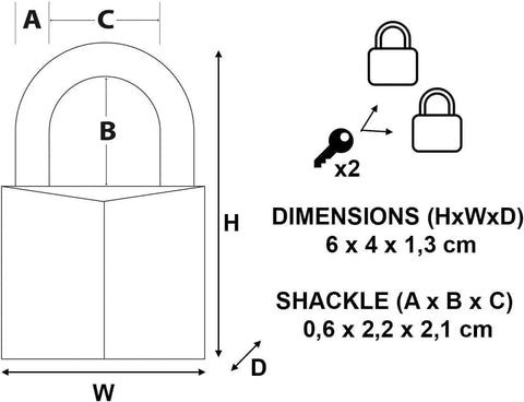 Diagram of Solid Brass Padlock With Key For Indoor And Outdoor Use, showing dimensions and shackle size, with 2 keys included