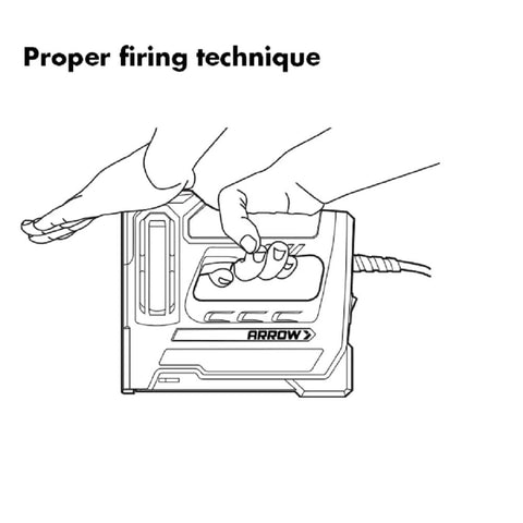 Illustration showing proper firing technique for using Corded Five In One Pro Grade Electric Staple And Nail Gun with hand positioning.