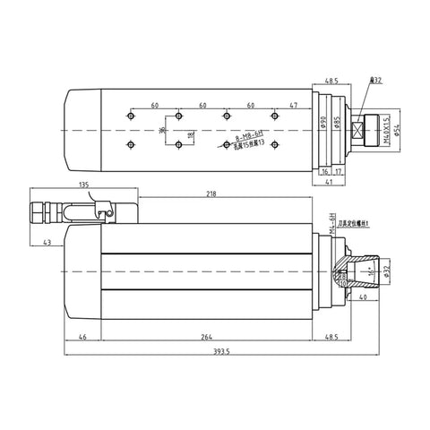 Top Shelf Air Cooled CNC Spindle Motor 7.5KW ER32 Collet 18000RPM 220V dimensions and technical drawing diagram.