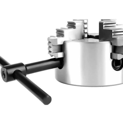Close-up of Three Inch 4 Jaw Lathe Chuck With Independent Reversible Jaws K72-80 Manual Turning Machine Accessory for metal projects.