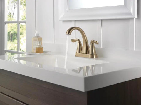 Modern bathroom with Arvo Centerset Bathroom Faucet Champagne Bronze 2 Handle 3 Hole Sink Faucet flowing water into white sink
