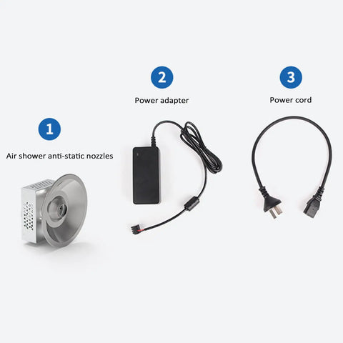 Heavy Duty Antistatic Nozzle For Air Shower System Kicks Static To Curb Instantly With Rapid Ion Blower and parts setup.
