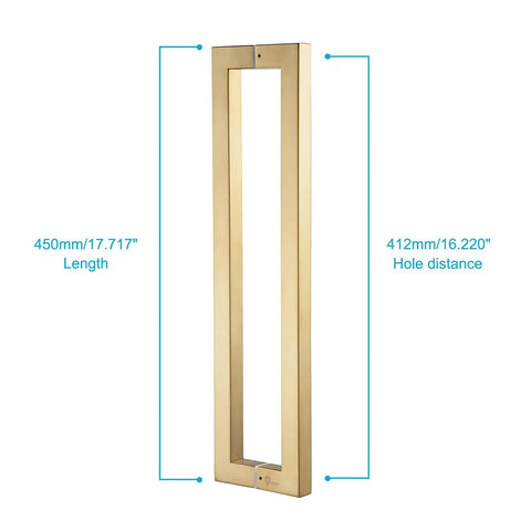 Heavy Duty Push Pull Door Handle In Stainless Steel 304 With Satin Gold Finish, 450mm 18 Inches Square Rectangle Mount For Solid Wood Timber Glass And Metal Doors, 1.2mm Wall Thickness, Boss Grade Build, 450mm length and 412mm hole distance
