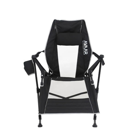 Front view of Go Horizon Hammock Chair For Adults Up To 400 Lbs with footrest, adjustable headrest, and cup holder, black.