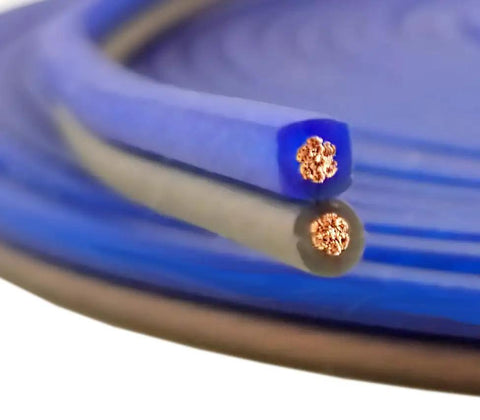 4 Gauge 100 Percent Oxygen Free Copper OFC Amplifier Wiring Kit cables showing cross-section of blue and gray wires for car audio