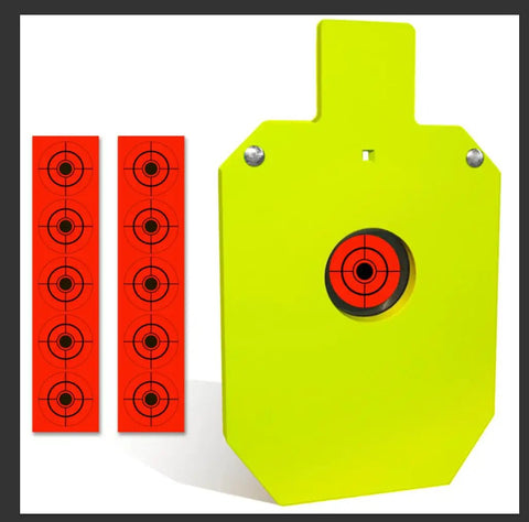 AR500 Steel Target Silhouette With Four Inch Bullseye Reactive Center Gong Opens And Resets On Hit Neon Color Powder Coat