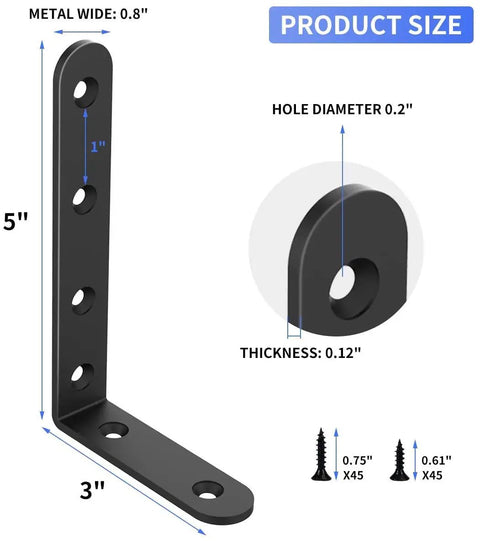 Diagram of 20 Pack Heavy Duty L Corner Brackets 5x3 Inch Black Shelf Braces dimensions and included screws.