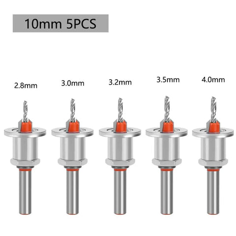 Super Versatile 5Pcs Adjustable Depth Stop Countersink Drill Bits For Super Smooth Board Install Jobs With High Hardness Alloy Steel And Precision Tapered Heads That Rock, showing 5 drill bits with varying sizes from 2.8mm to 4.0mm.
