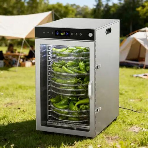 Straight Up Heavy Duty 16 Tray Commercial Stainless Steel Food Dehydrator With A Sleek Digital Interface And Adjustable Temps For Rapid Even Drying On Sweet Fruits Lean Meats And Herbs filled with green peppers outdoors.