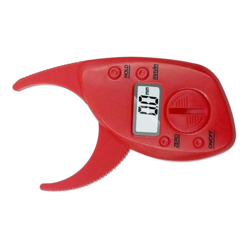 Digital Fat Caliper with Nonslip Grip, ABS, 50mm Ranging, Red displaying measurement on digital screen.