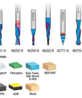8 Piece General Purpose CNC Router Bit Set With 1 Quarter Inch Shank In Wooden Box High Grade Carbide Bits Built For Cutting Wood Plastic PVC Acrylic MDF Graphite Composites PCB And More, showcasing various bits and material compatibility chart.
