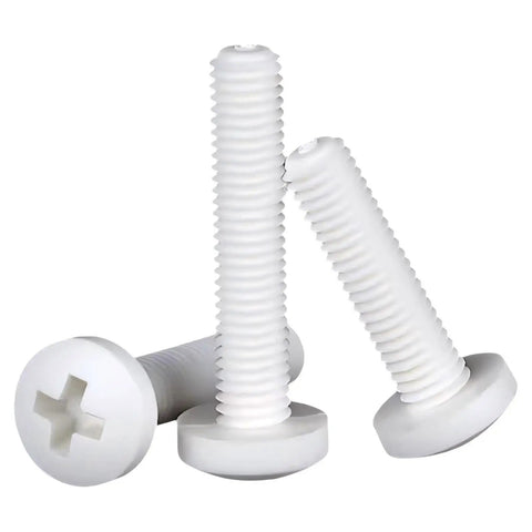 Heavy Gauge PP Plastic Screw Assortment Kit With M3 M4 M5 Metric Phillips Pan Fasteners Hex Nuts Washers 470 Piece lightweight white nylon screws.
