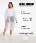 Model wearing 2 Pack Reusable Rain Ponchos For Adults With Hood And Drawstring, showing chest, sleeve, and raincoat dimensions.
