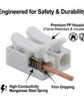 No Sweat Quick Connect Wire Terminal Blocks Two Way Solderless Push In Cable Connectors Rated At 10 Amps For 110 To 240 Volt Systems close-up of white connector with copper wiring and premium PP housing.