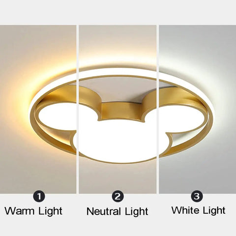 Cartoon Dope Mouse Ceiling Light Featuring Mickey Style Gold Metal Chandelier with warm, neutral, white light settings