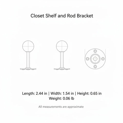 Technical drawing of Sturdy Stainless Steel Closet Shelf And Rod Bracket Mount For Round Tubes, dimensions and weight details shown.
