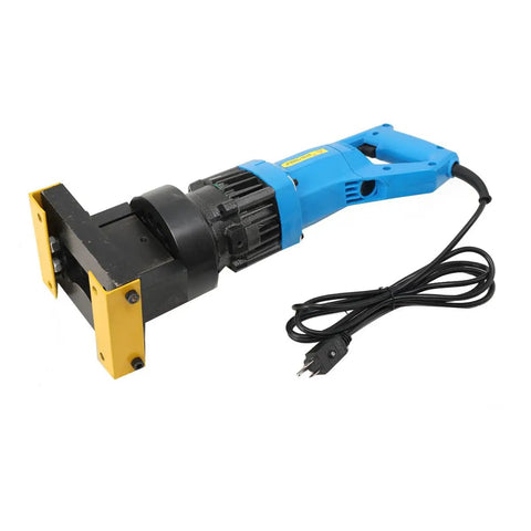 Heavy Duty Electric Hydraulic Angle Steel Cutter 1400W Portable Chamfering Machine with a blue handle and yellow blade mount.