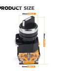Waterproof 2 Position Rotary Switch With Latching Knob, product dimensions overview with height, width, and length measurements.