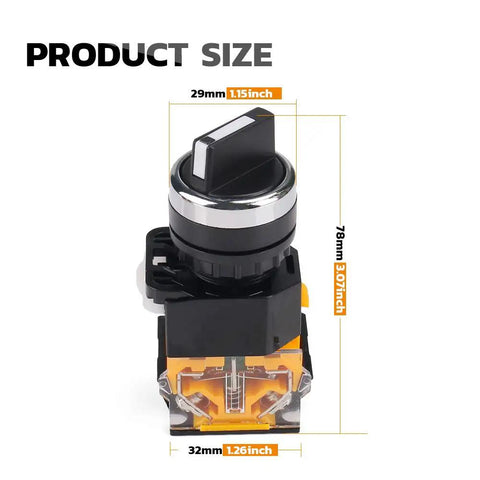 Waterproof 2 Position Rotary Switch With Latching Knob, product dimensions overview with height, width, and length measurements.