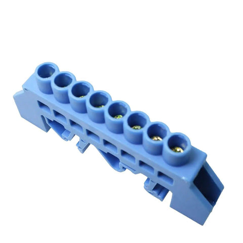 8-Position DIN Rail Screw Terminal Block With Brass Terminals And Copper Contacts Grounding Strip Bottom Seat Snap-In Mount 78 mm Long