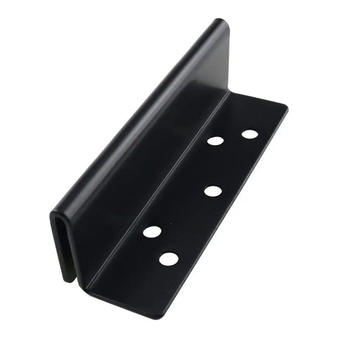 Tough As Nails Double Hook Slot Bracket For Wooden Bed Frame Reinforcement Hardware Featuring No Sweat Slide Mount and Rock Solid Everyday Support, heavy-duty black iron bracket with mounting holes.