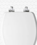 Top view of Soft Close Toilet Seat With Chrome Hinges And Wood Seat, Secure Metal Mount, Easy Install, Round White, Made In USA.