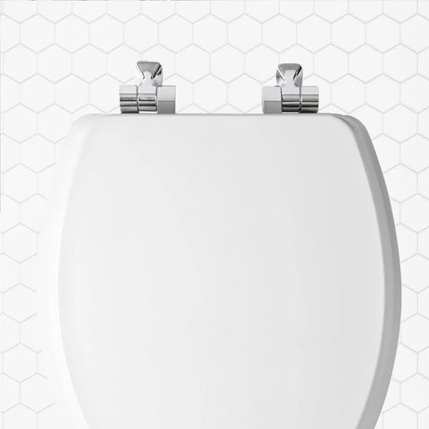 Top view of Soft Close Toilet Seat With Chrome Hinges And Wood Seat, Secure Metal Mount, Easy Install, Round White, Made In USA.