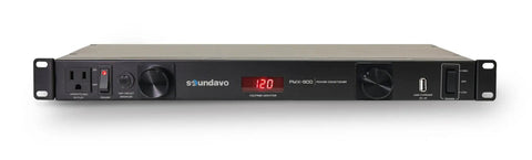 Dope 1U Rack Mount Power Conditioner With Knockout Surge Protection And Slick Noise Filtering Featuring Dual Front Pull Out LED Lights Plus Fast Read Voltage Monitor Display For Tight Audio Gear Setup, front view showing outlets and voltage display.