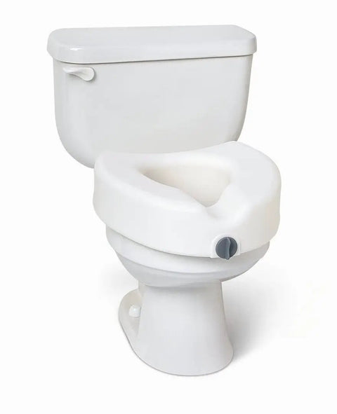 Locking Elevated Toilet Seat With No Arms, 5 Inch Lift, Heavy Duty Supports Up To 350 Lbs, White, installed on standard toilet
