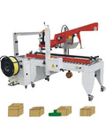 Automatic Adjustable Case Sealer For Small And Big Cartons High Precision Tape Tension Control with yellow tape roll and boxes.