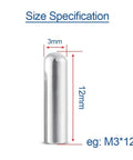 Diagram of Stainless Steel Dowel Pin, side view, 3mm diameter, 12mm length, shown with size specifications.