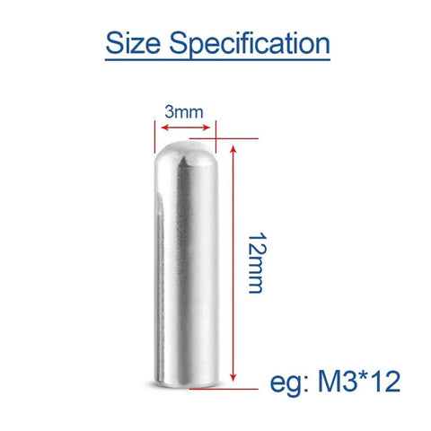 Diagram of Stainless Steel Dowel Pin, side view, 3mm diameter, 12mm length, shown with size specifications.