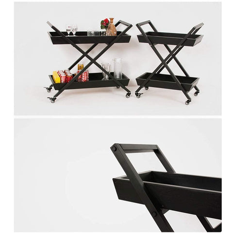 Killer Three Tier Bar Serving Trolley With Rust Free Steel Build And Smooth Tempered Glass Top Heavy Duty Kitchen Storage Cart And Salon Display Stand Built Solid To Handle The Daily Grind, featuring two black carts and drinks.