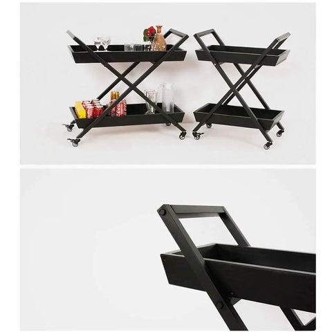 Badass Sturdy Three Tier Kitchen Wine Storage Cart With Heavy Duty Electroplated Steel Frame And Tempered Glass Top showcasing a black rolling cart with drinks.