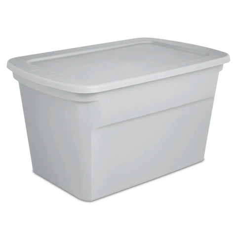 Six Pack Heavy Duty 30 Gallon Plastic Storage Containers With Secure Lids Hella Roomy Gray Bins for organizing household items.