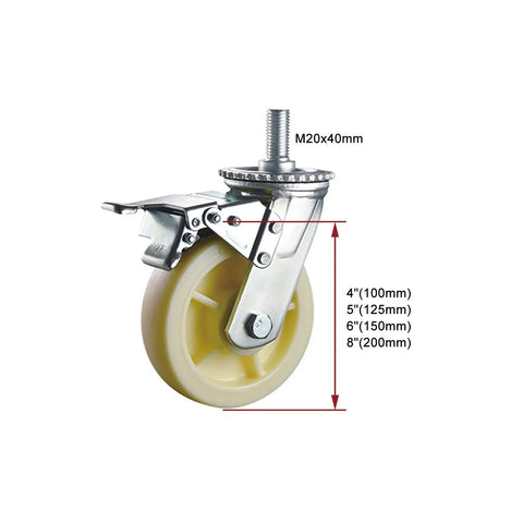 Eight Inch Swivel Casters With Double Brakes, Heavy Duty M20 Threaded Stem Carts And Furniture Wheels, detail of caster wheel.