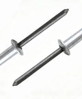 Two aluminum blind rivets 1/8 inch by 9/32 inch grip length heavy duty pop fasteners for sheet metal joins.