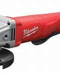 Tough As Nails 11 Amp Four Point Five Inch Small Angle Grinder with red body and ergonomic grip for metal cutting tasks.