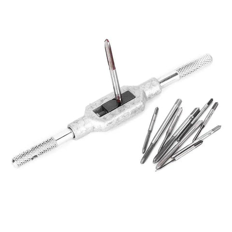 Mini Tap Set With High Speed Steel Tapping Tools Ten Size Range From M1 To M3.5 For Metal Threading Great For DIY Projects And Precision Threads In Aluminum Steel And Brass, displayed with handle and taps.