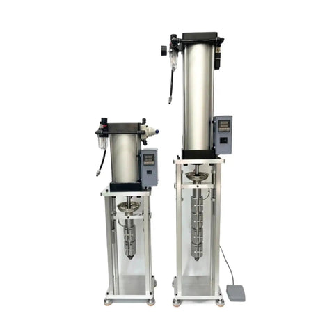 Compact Vertical Injection Molding Machine For Quick Builds Crush Out 30G Chargers And Switch Parts With Zero Hassle Auto Return Handle Smooth Desktop Plastic Forming Tool Designed For Garage Side Hustles, showing two vertical units.