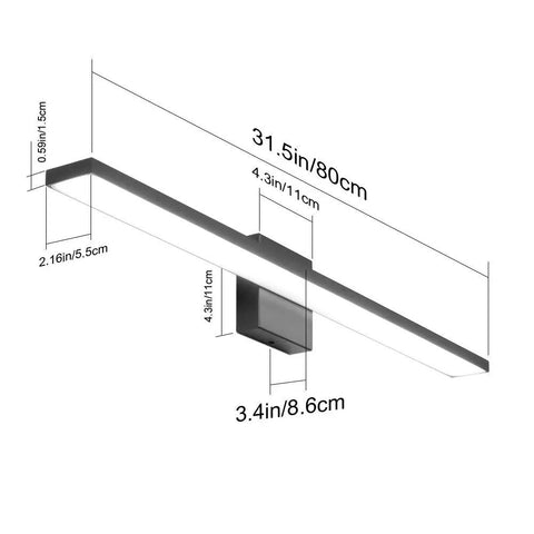 31.5 Inch Modern LED Vanity Light In Black Finish, 28W Aluminum Frame With Frosted Acrylic Diffuser, wall mount bath fixture