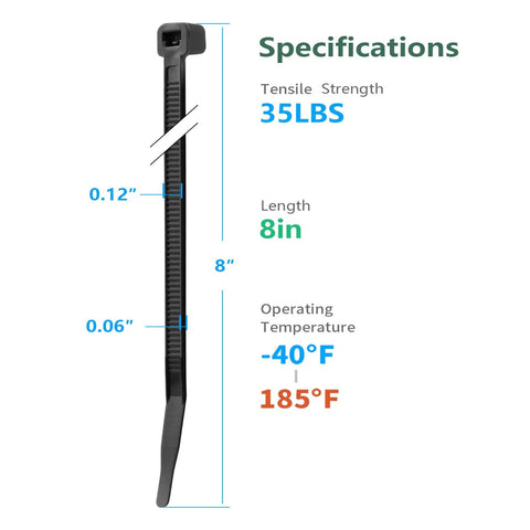 8 Inch Black Zip Ties 1200 Pack 35 Lb Tensile Strength Self Locking Nylon Cable Ties UV Resistant specifications with measurements