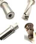 Front, side and close-up views of a metal CNC U-drill tool for drilling, turning and boring; 8-20 mm range, 2.25D-3.25D.